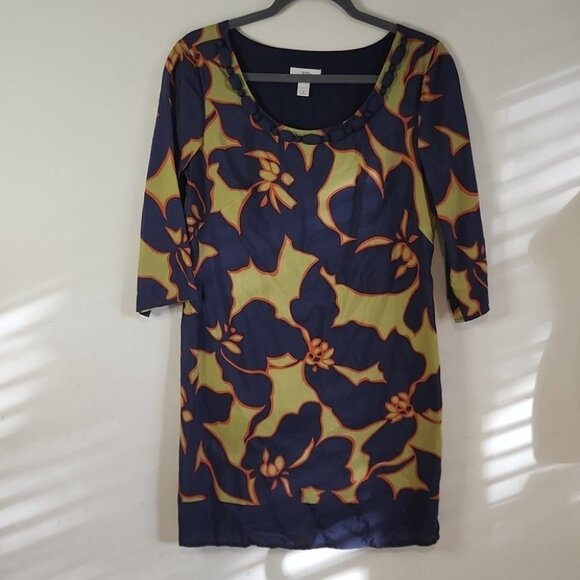 LOFT by Ann Taylor Blue Green Floral Mini Round  Neck Mini Shirt Dress 4 T20 - Picture 8 of 10